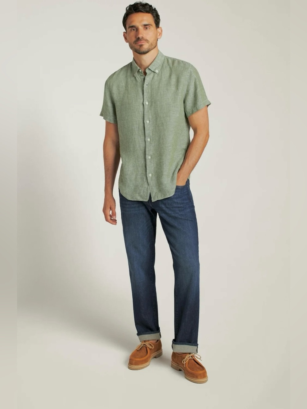 Bonobos Riviera Linen Short Sleeve Shirt Sage Green Slim Fit Spring Summer